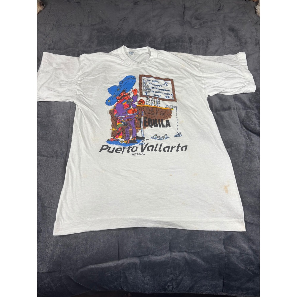 Vintage Puerto Vallarta Mexico Tequila Graphic T-Shirt White Mens Medium 46